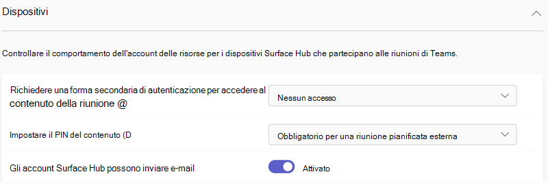 Screenshot delle impostazioni dei dispositivi di Teams nell'interfaccia di amministrazione di Teams.