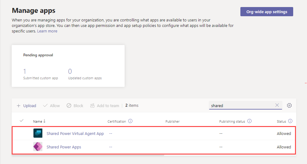 Screenshot della pagina Gestisci app che mostra le app condivise di Microsoft Power Platform.