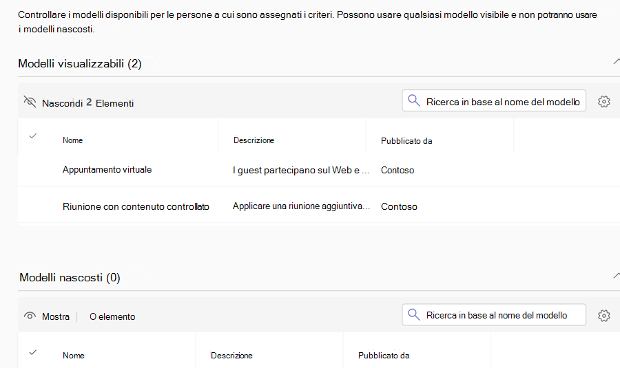 Screenshot dei criteri dei modelli di riunione di Teams nell'interfaccia di amministrazione di Teams.