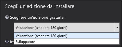 Screenshot della pagina Scegliere un'edizione da installare nel programma di installazione del server di report di Power BI. L'elenco delle edizioni gratuite contiene Developer e Evaluation.