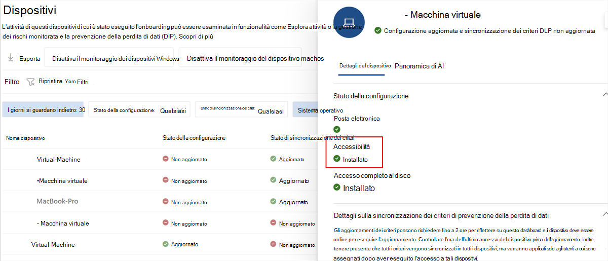 Screenshot dei dettagli del dispositivo Microsoft Purview che mostrano l'accessibilità con uno stato installato.