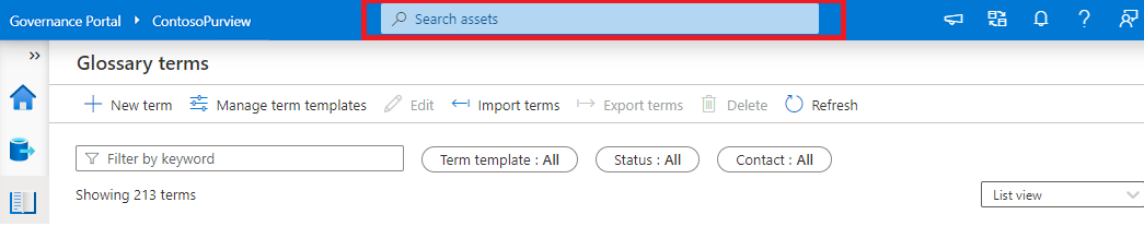 Screenshot che mostra la posizione della barra di ricerca classica del portale di governance di Microsoft Purview.
