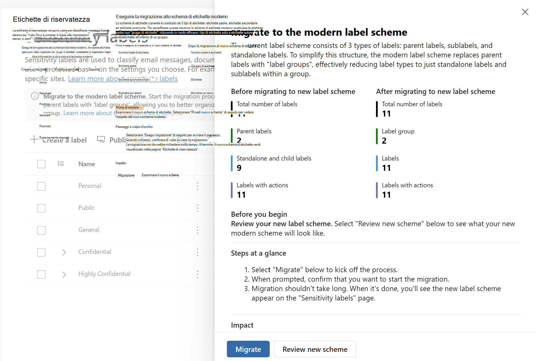 Riquadro a comparsa Migrazione etichette dalla pagina Etichette di riservatezza per eseguire la migrazione allo schema di etichette moderno.