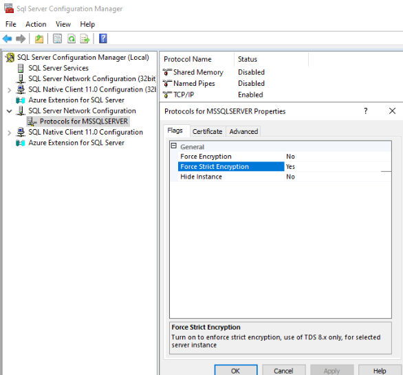 Screenshot dell'opzione Force Strict Encryption in Gestione della configurazione di SQL Server.