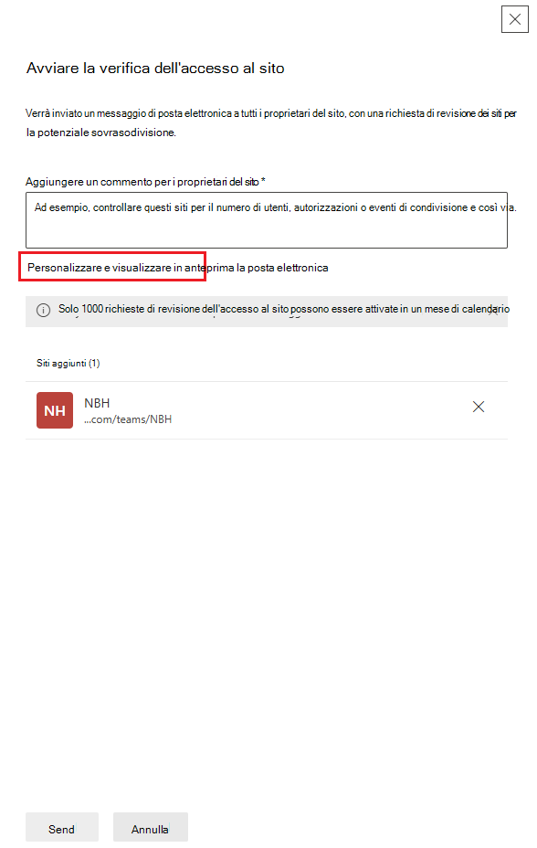 Personalizzare il messaggio di posta elettronica da inviare ai proprietari del sito