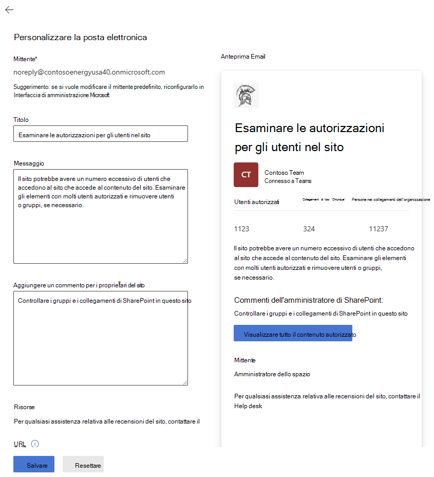personalizzare messaggi, commenti e aggiungere collegamenti alle pagine di SharePoint nei messaggi di posta elettronica ai proprietari del sito
