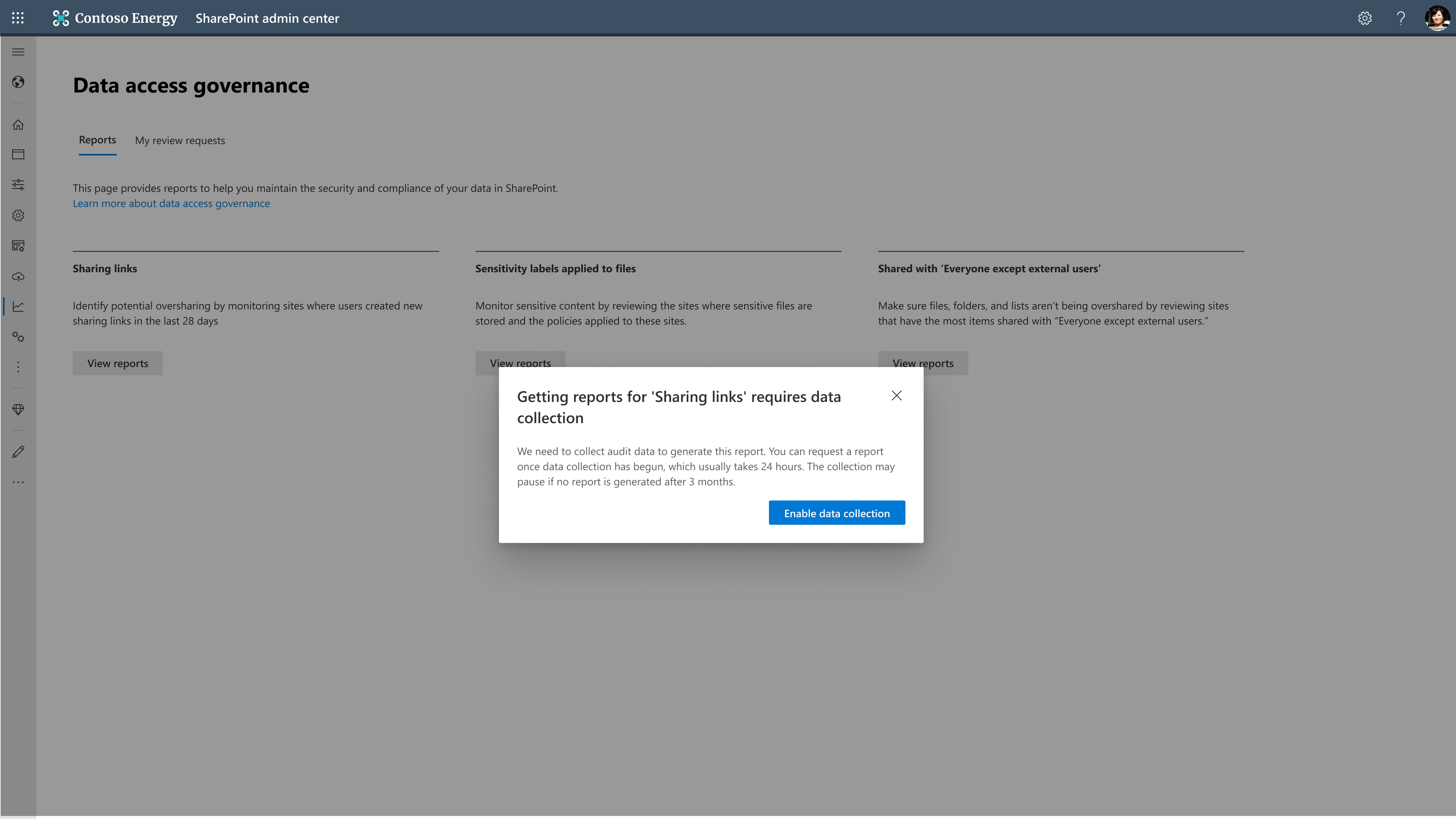Screenshot che mostra come abilitare la raccolta dati per la condivisione di report attività di collegamento.