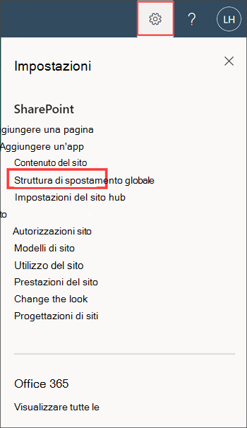 Screenshot dell'opzione Struttura di spostamento globale nel pannello Impostazioni.