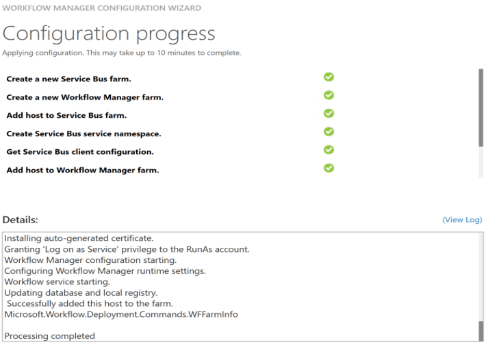 Screenshot che mostra il completamento della configurazione guidata Workflow Manager di SharePoint.