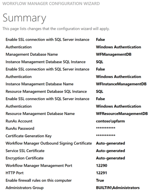Screenshot che mostra la pagina di riepilogo della configurazione guidata Workflow Manager di SharePoint.