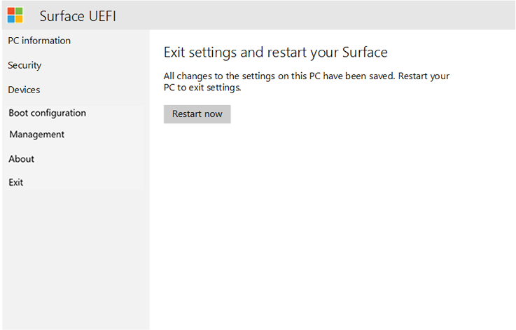 Uscire dalla UEFI di Surface e riavviare il dispositivo.