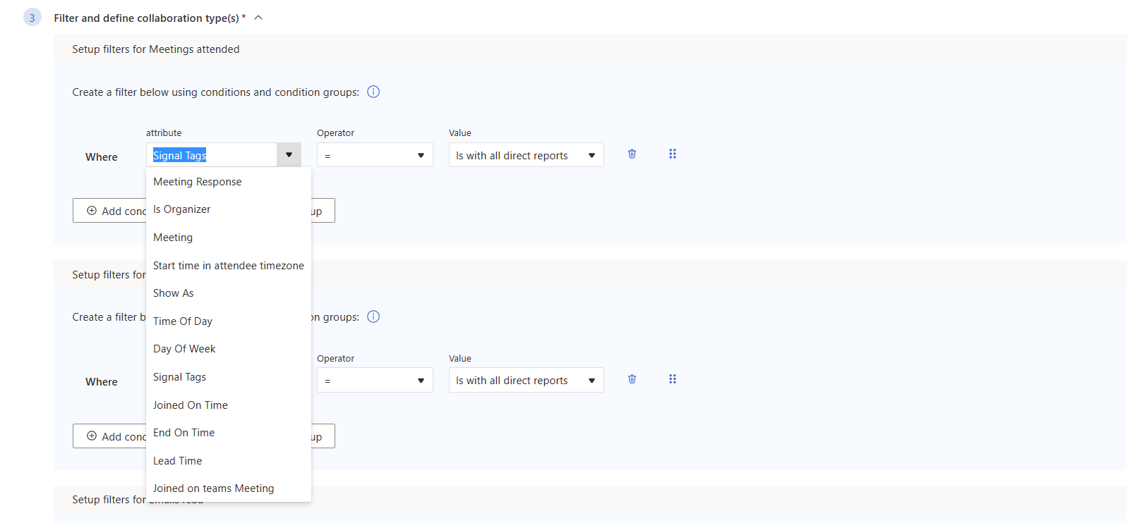Screenshot che mostra vari filtri nell'editor delle metriche, con un menu a discesa per gli attributi espanso.
