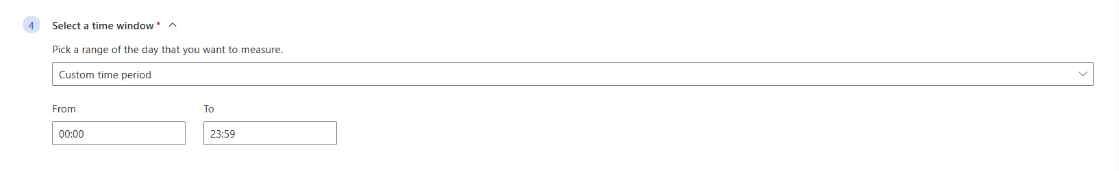 Screenshot che mostra il quarto passaggio dell'editor delle metriche, l'intervallo di tempo, con l'opzione Periodo di tempo personalizzato selezionato e le caselle di input Da e A di seguito.