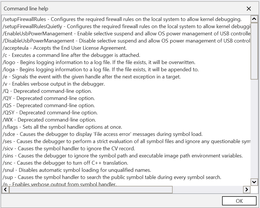Screenshot dell'output della Guida della riga di comando WinDbgX che mostra varie opzioni.