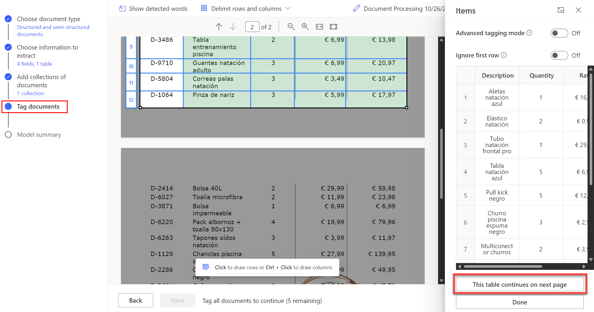 Screenshot che mostra di selezionare l'opzione quot;Questa tabella continua nella pagina successivaquot; per continuare a taggare una tabella che si estende su più pagine.