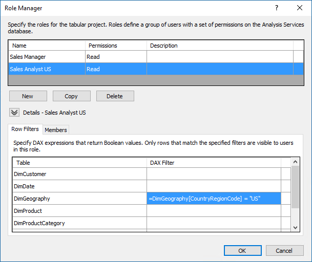 Screenshot della finestra di dialogo Gestione ruoli che mostra il filtro DAX per la tabella DimGeography.