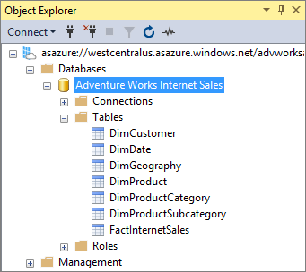 Screenshot della sezione Esplora oggetti con il database Adventure Works Internet Sales evidenziato.