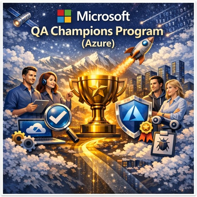 Banner per microsoft Azure Q&A Champions Program che mostra gli esperti di Azure che collaborano con le icone del flusso di lavoro di intelligenza artificiale intorno a un trofeo centrale, impostato in un ambiente tecnico con tema cloud. Il testo visibile legge il programma Q&A Champions di Microsoft Azure.