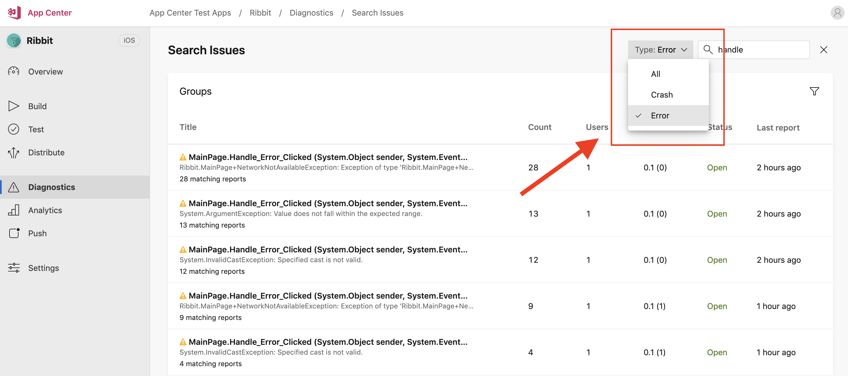 Selezione del tipo di ricerca