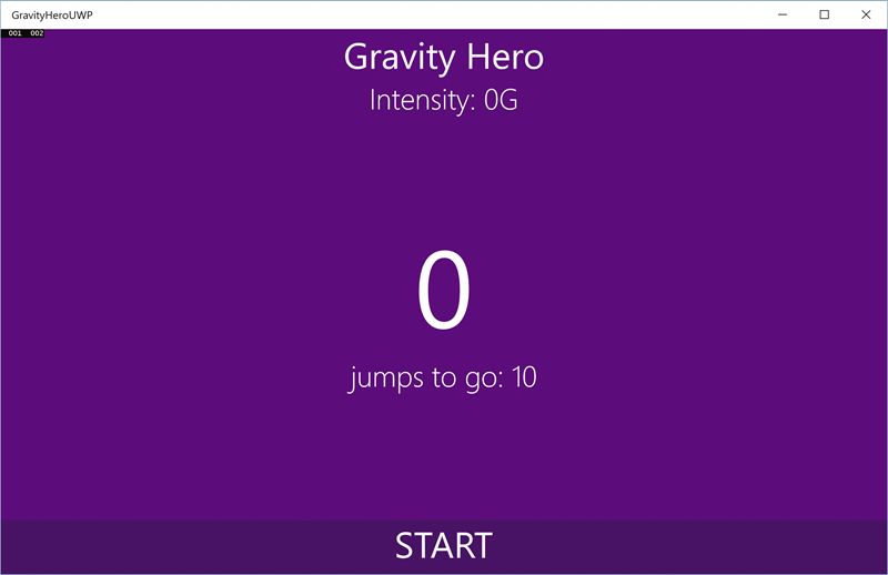 Applicazione di esempio Hero gravità in esecuzione su Windows 10
