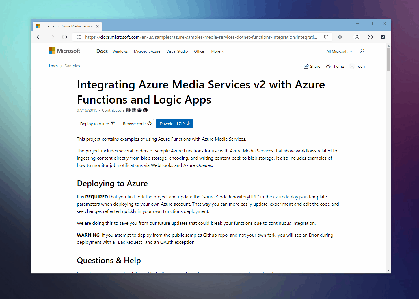 Distribuzione con un clic di un esempio di codice in Azure