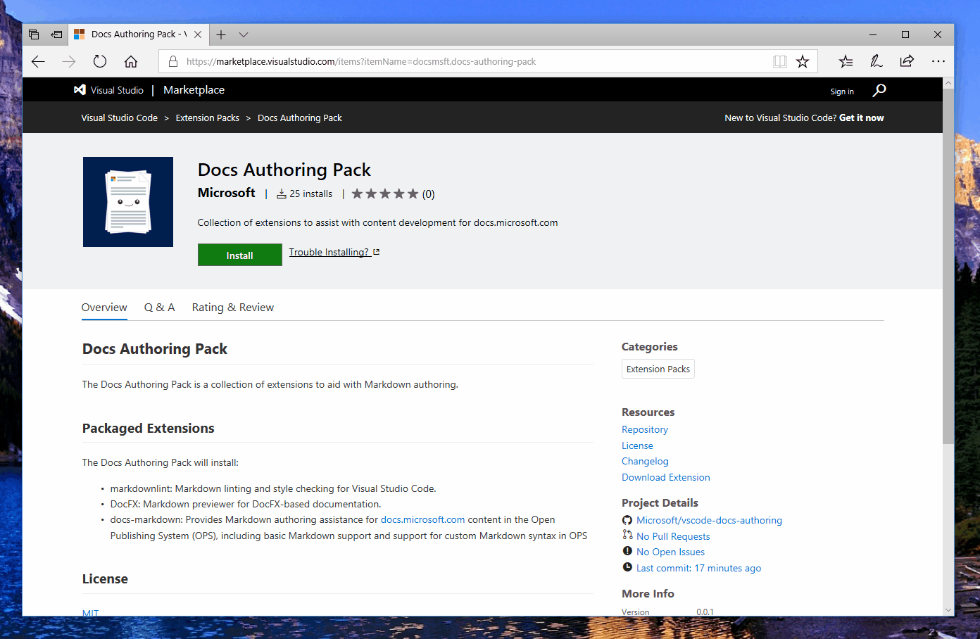 'installazione dell'estensione Markdown docs