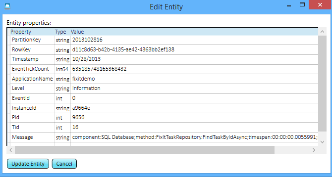 Screenshot che mostra l'opzione Edit Entity Properties (Modifica proprietà entità) e l'aspetto di ogni proprietà per un aggiornamento riuscito con il tempo necessario.