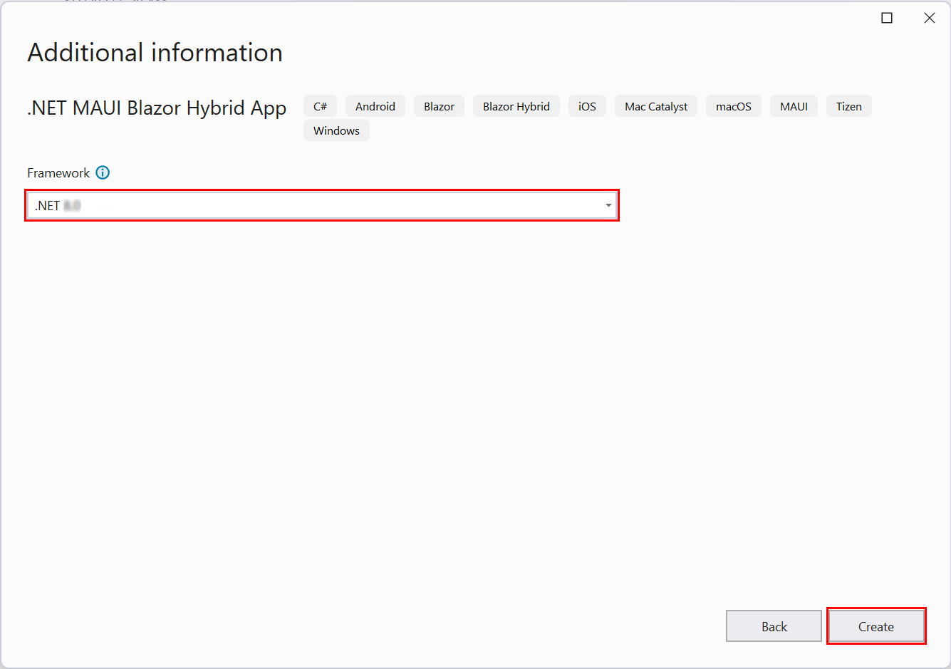 Finestra di dialogo informazioni aggiuntive per la selezione della versione del framework e la creazione del progetto.