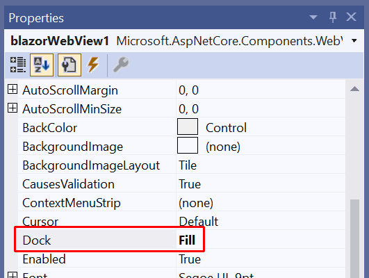 Proprietà BlazorWebView con Dock impostato su Fill.