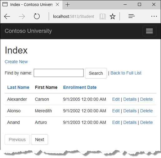 Pagina Student Index (Indice degli studenti)