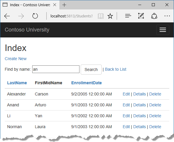 Pagina Student Index (Indice degli studenti) con filtro