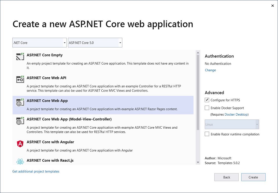 Finestra di dialogo Nuovo progetto ASP.NET Core