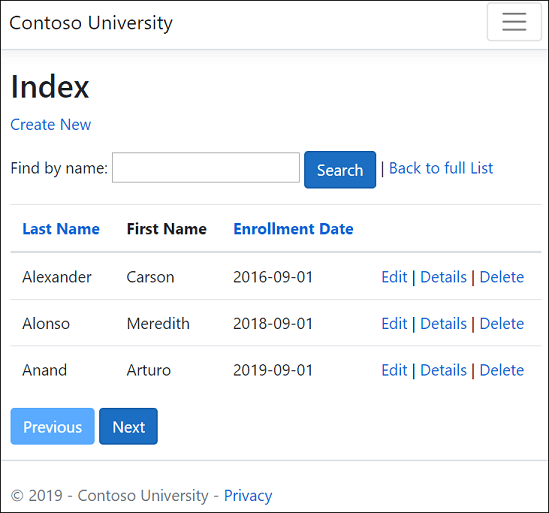 Pagina Student Index (Indice degli studenti)