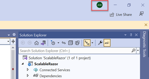 Screenshot che mostra l'accesso all'account di Visual Studio.