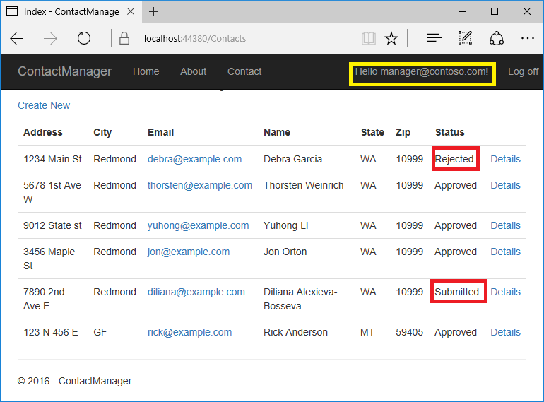 Screenshot che mostra manager@contoso.com l'accesso