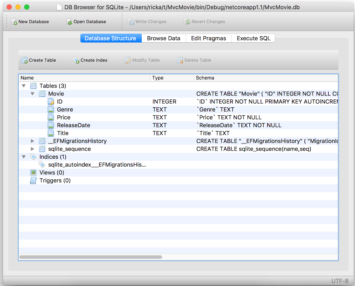 DB Browser for SQLite che mostra il database dei film