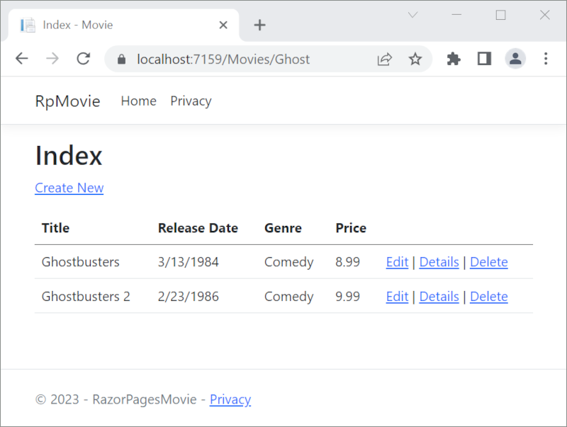 Vista Index con la parola ghost aggiunta all'URL e un elenco restituito di due film: Ghostbusters e Ghostbusters 2