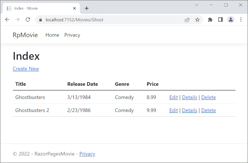 Vista Index con la parola ghost aggiunta all'URL e un elenco restituito di due film: Ghostbusters e Ghostbusters 2