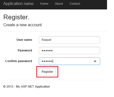 Screenshot di una finestra di dialogo di registrazione A P dot NET, con nome utente, password e confermare i campi password completati e il pulsante Registra evidenziato di seguito.