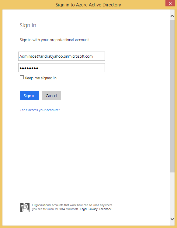 Screenshot della finestra di dialogo Accedi ad Azure Active Directory, con i campi per nome account amministratore globale e password visualizzati.