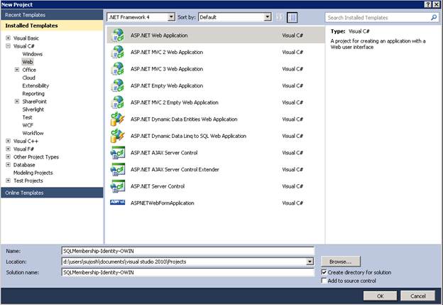 Screenshot della creazione di un'applicazione Web in Visual Studio 2010.