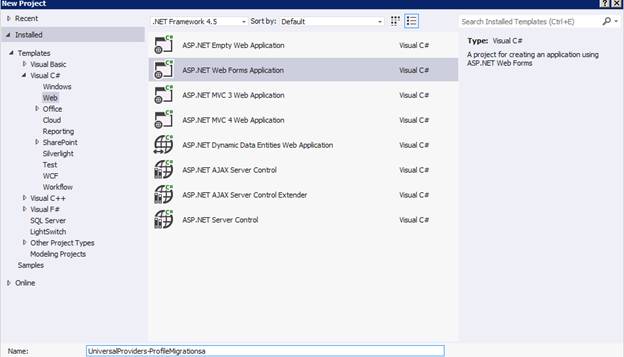 Screenshot di un'applicazione Web Forms appena creata in Visual Studio 2012 usando il modello di Web Forms.