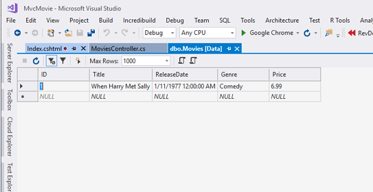 Screenshot che mostra la finestra Filmato M V C di Microsoft Visual Studio. La scheda d b o dot Movies Data (Dati film) è selezionata.