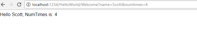 Screenshot che mostra una finestra del browser con i due punti dell'host locale U R L 1 2 3 4 barra Hello World barra di benvenuto nome punto interrogativo uguale a Scott e num volte uguale a 4. Il testo nella finestra è Hello Scott Num Times è 4.