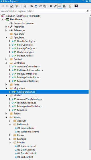 Screenshot che mostra il Esplora soluzioni. La sottocartella Configuration dot c s della cartella Migrations è selezionata.