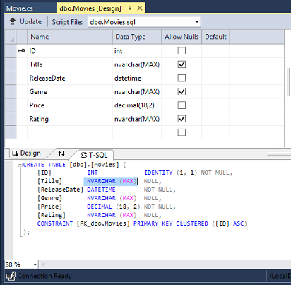 Screenshot che mostra la finestra Esplora server aperta e nella scheda Progettazione film d b o dot.