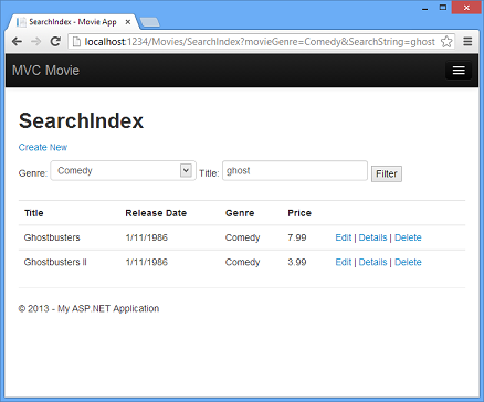 Screenshot che mostra la pagina M V C Movie Search Index .