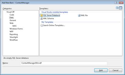 Screenshot che mostra la creazione di un nuovo database Microsoft Sequel Server Express.