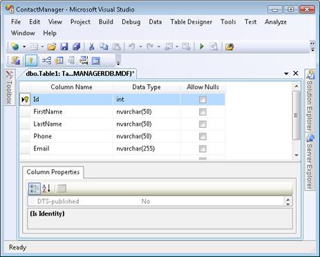 Screenshot che mostra l'Designer tabella di database.