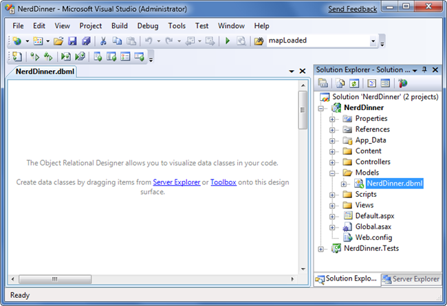 Screenshot della finestra di dialogo Cena nerd in Visual Studio. Viene selezionato il file Nerd Dinner dot d b m l.